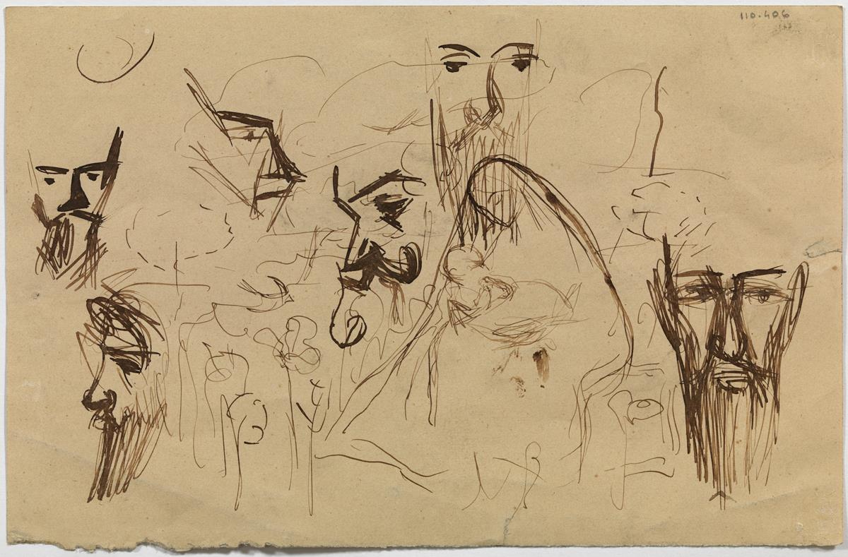 Verge amb nen, i caps d'homes amb barba