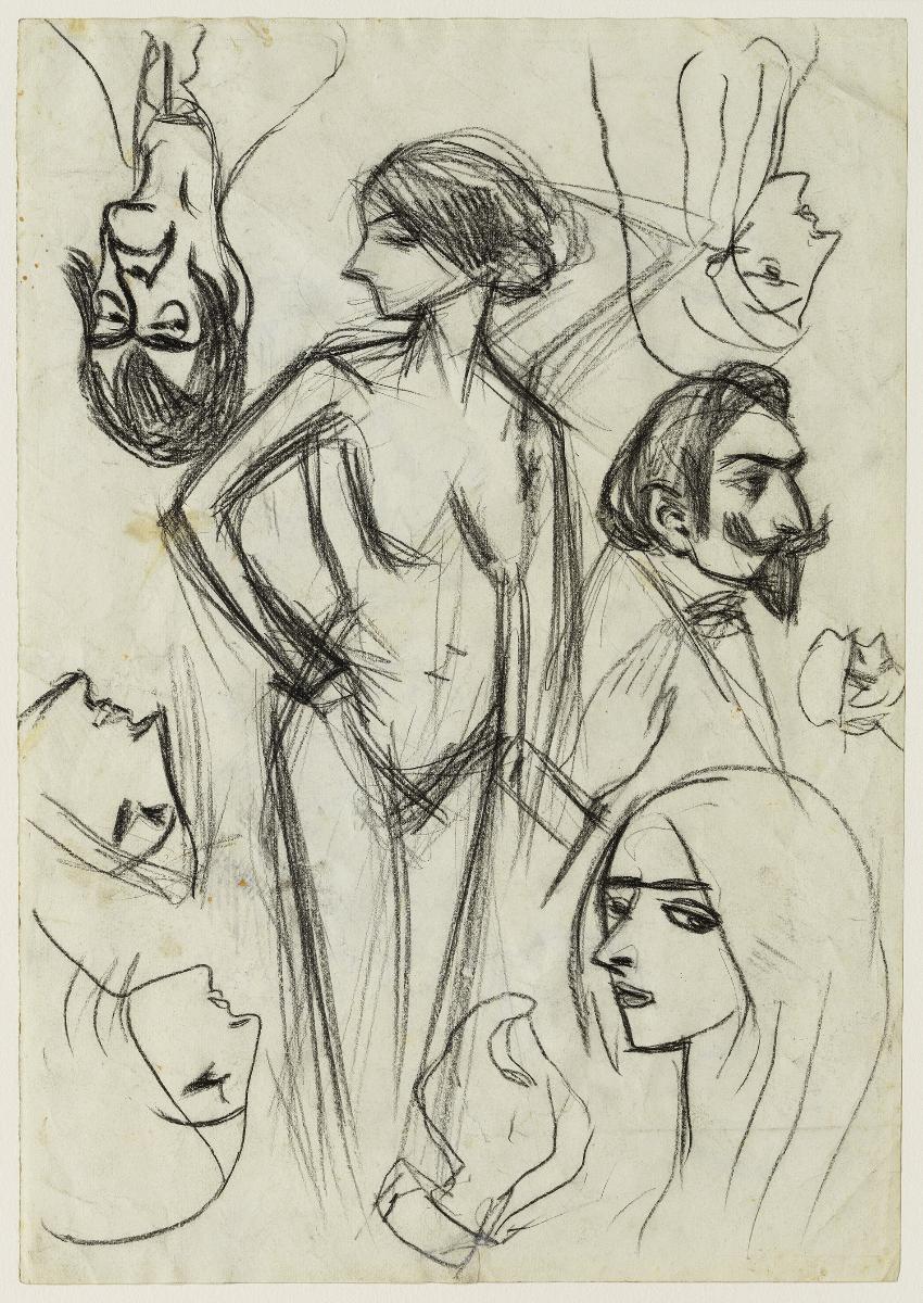 Desnudo femenino y diversos croquis de cabezas