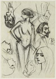 Desnudo femenino y diversos croquis de cabezas