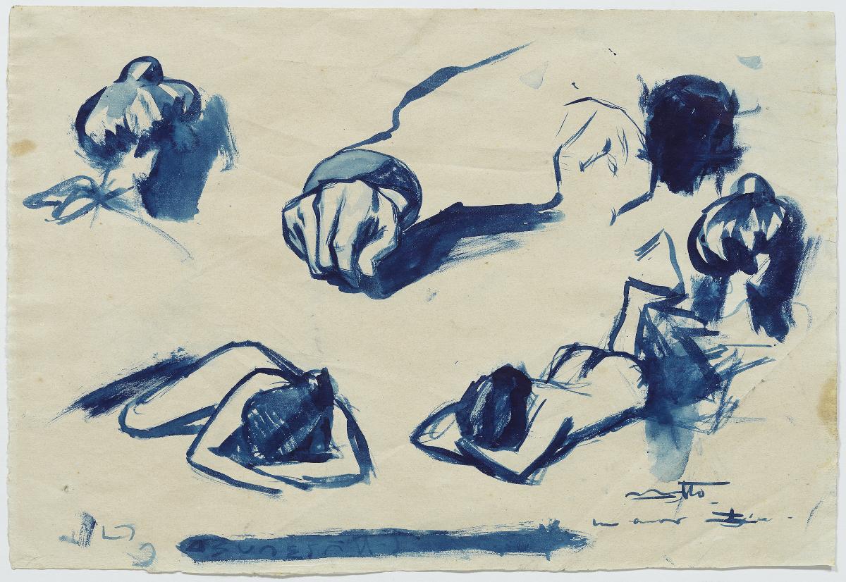 Dos desnudos, dos cabezas femeninas y una mano