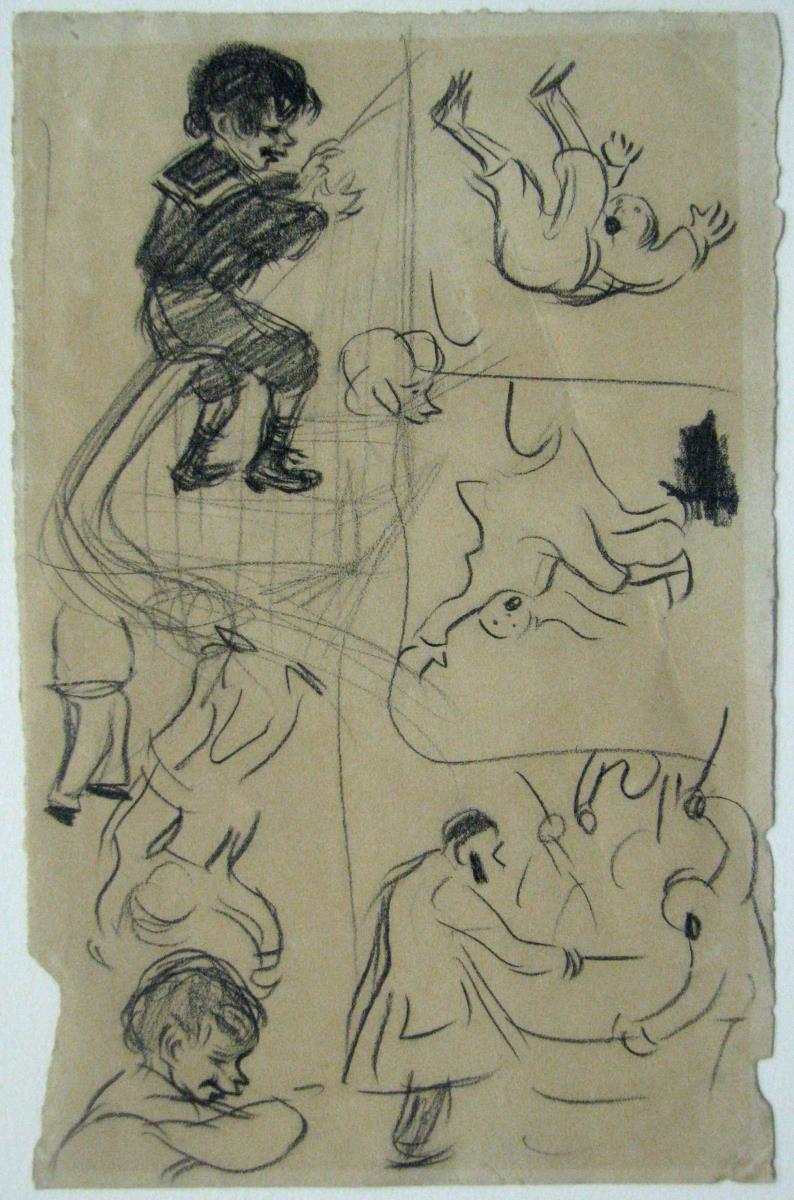 Niño deslizándose por el pasamanos de una escalera y otros croquis