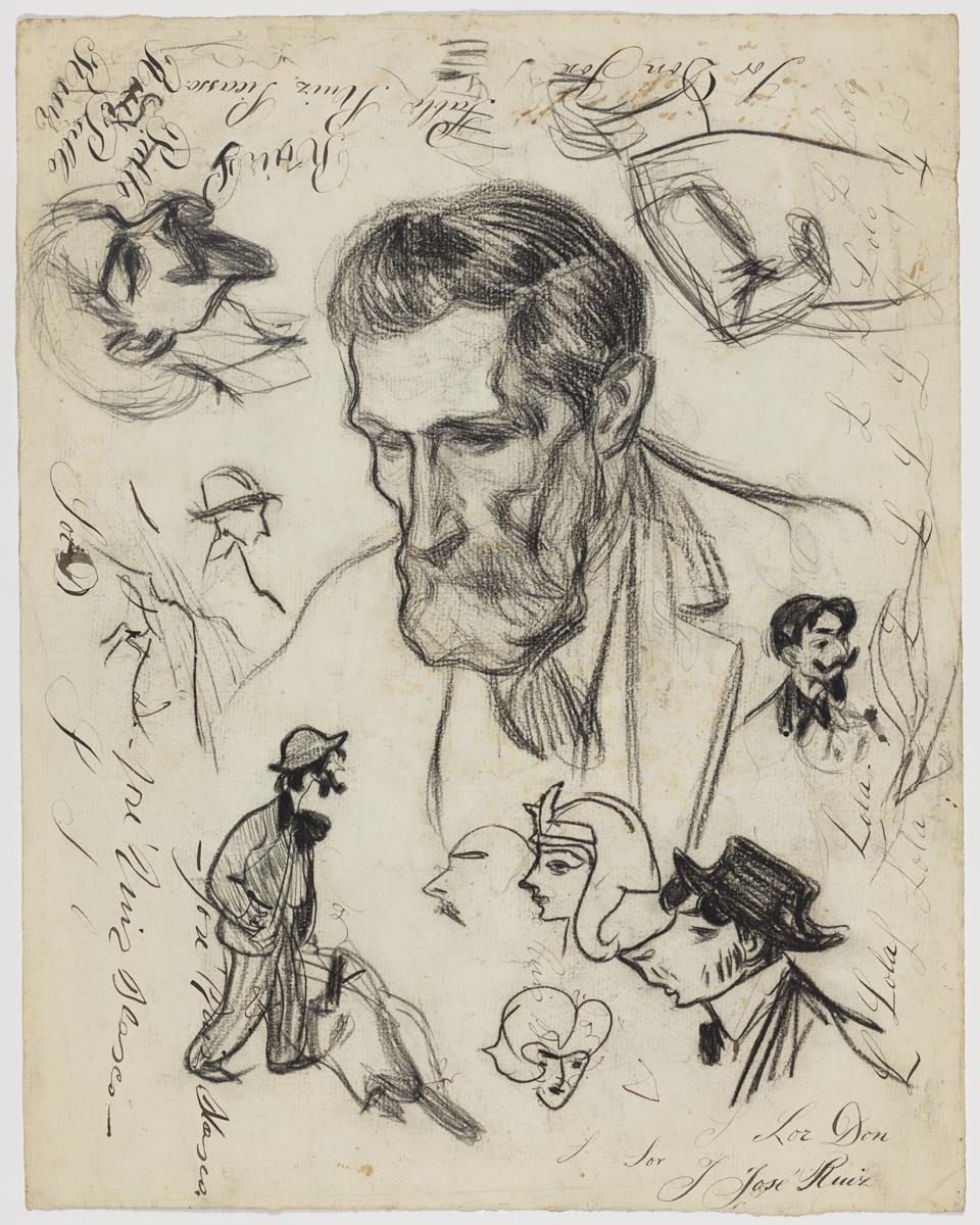 El padre del artista, Joaquim Mir, Carles Casagemas y varias caricaturas