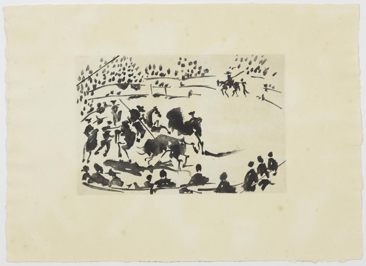 "El picador obligando al toro con su pica"