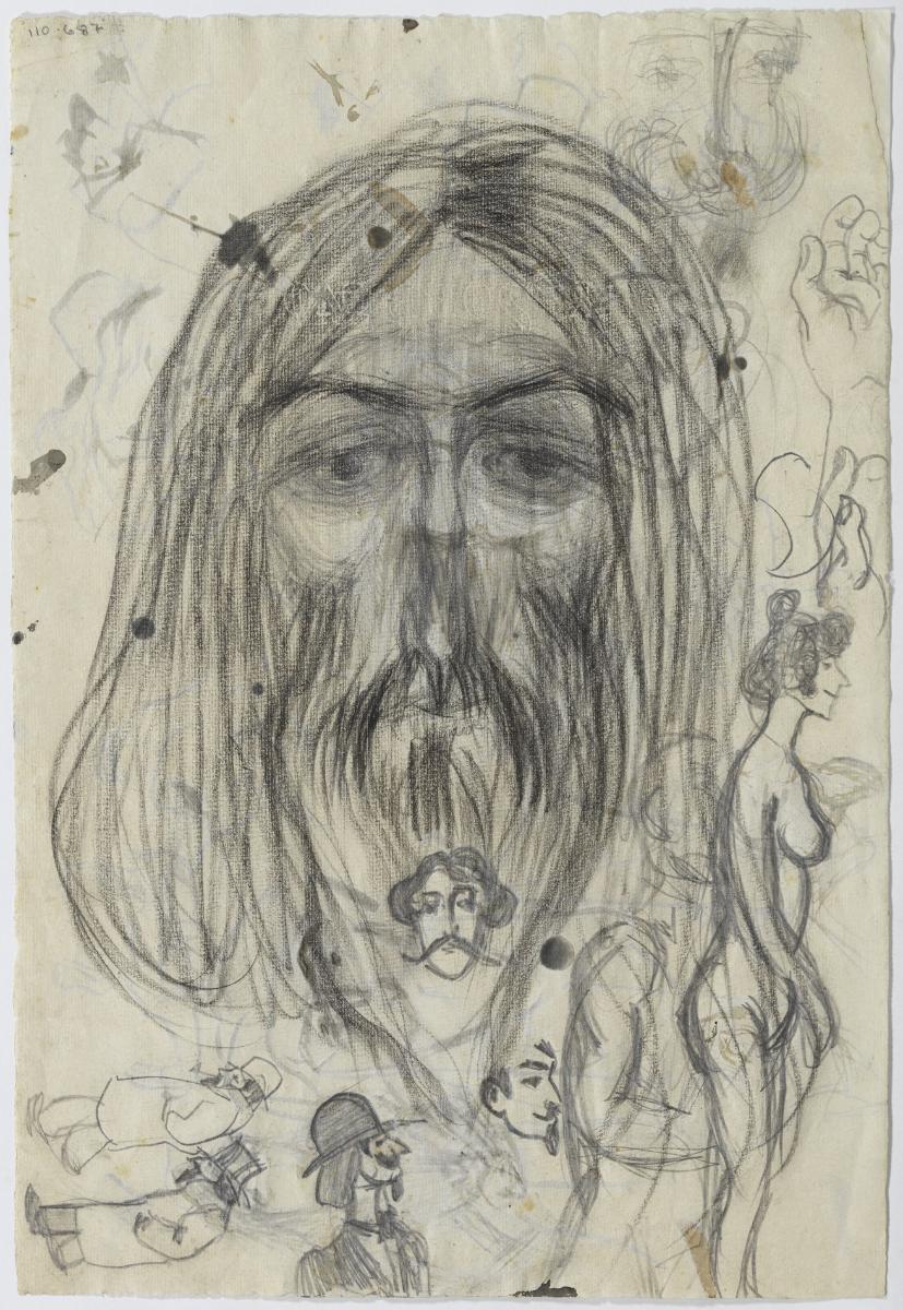 Cap d'home amb cabells llargs i altres croquis