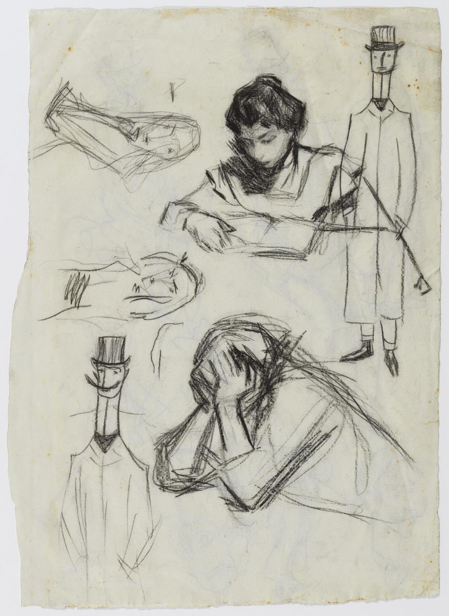 Lola, germana de l'artista, llegint; estudi per a "¡Pobres genios!" i altres croquis