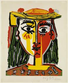 Retrato de mujer con sombrero de borlas y blusa estampada