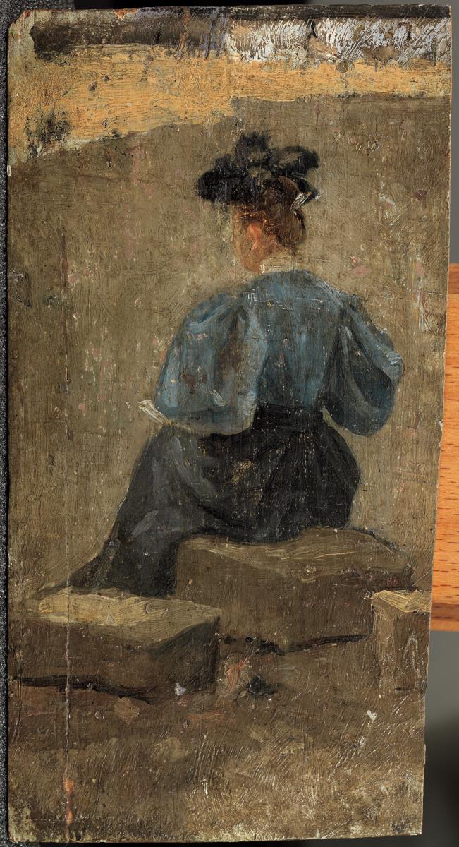 Dona asseguda, d'esquena