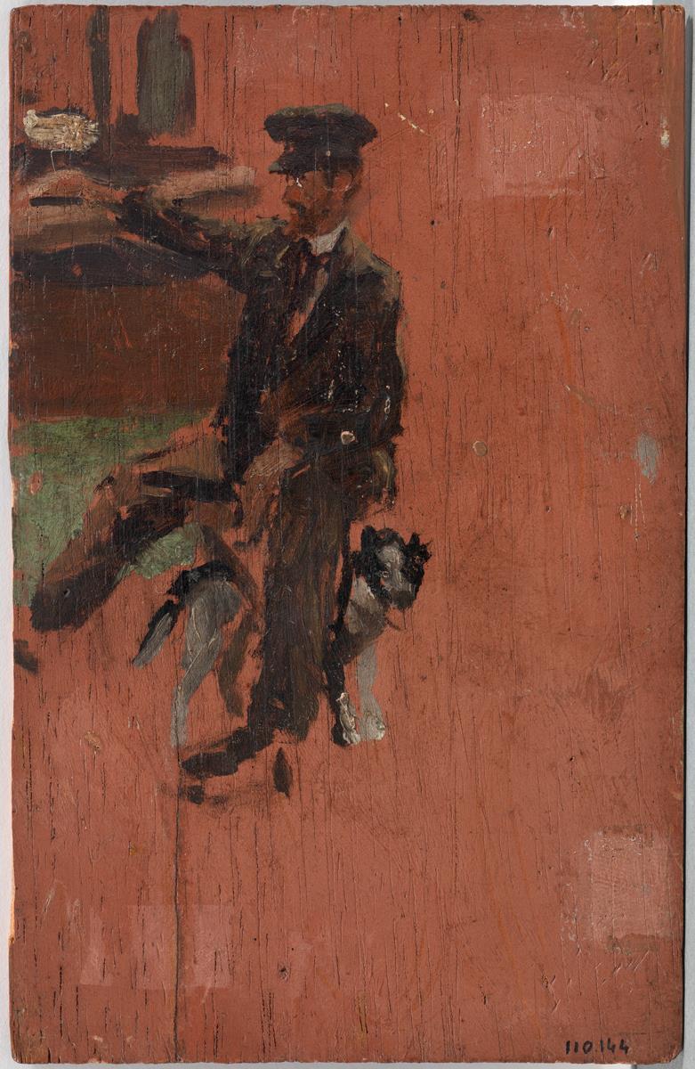 Home assegut amb un gos