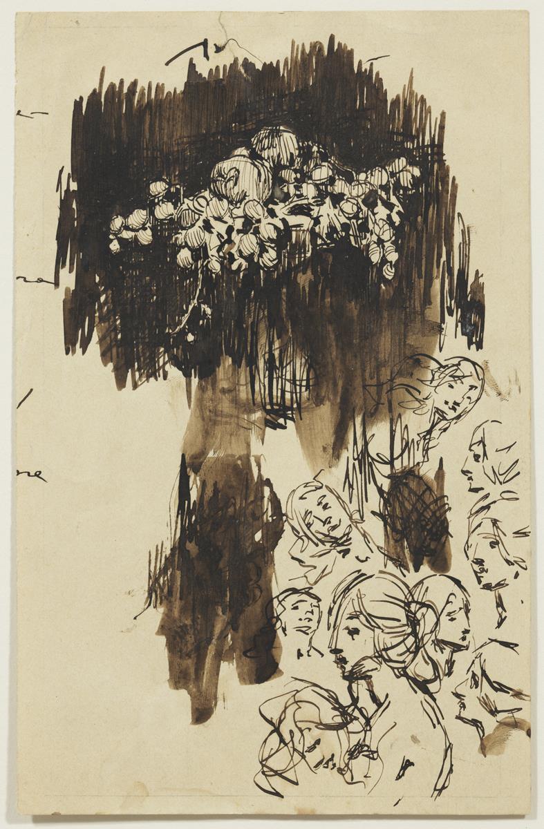 Naturaleza muerta con uvas y manzanas, y nueve croquis de cabezas femeninas