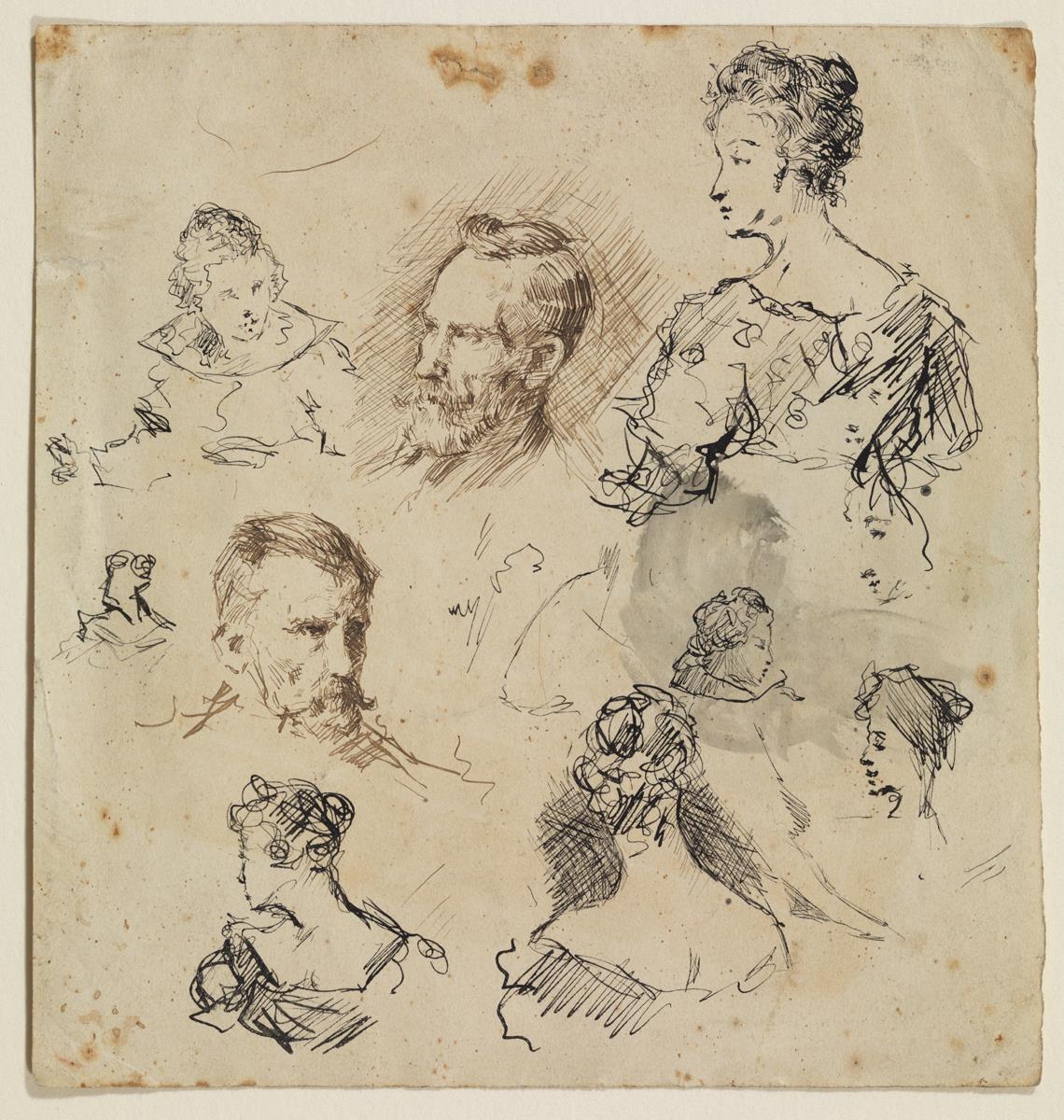 Estudios de la cabeza del padre del artista y bustos femeninos