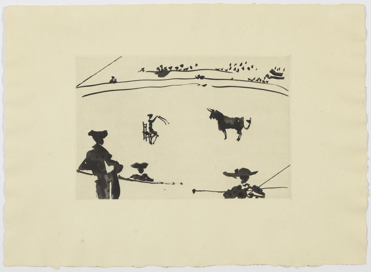 "Citando al toro a banderillas sentado en una silla"