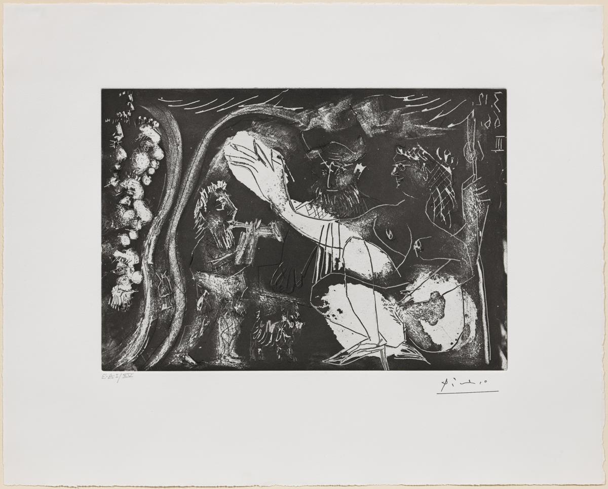 En el teatro: pareja con un flautista y un perrito