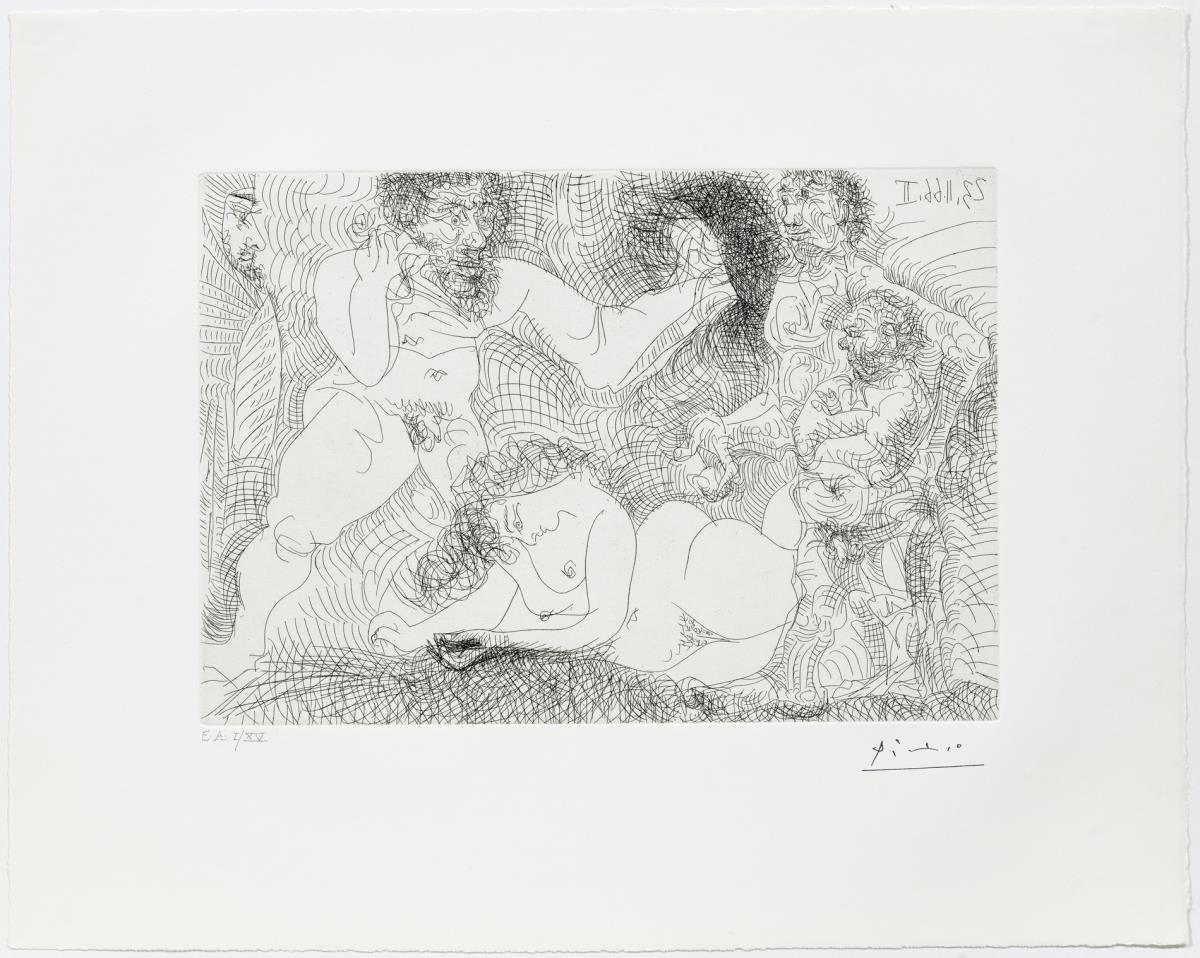 Tres hombres disputándose a una mujer frente a un emir