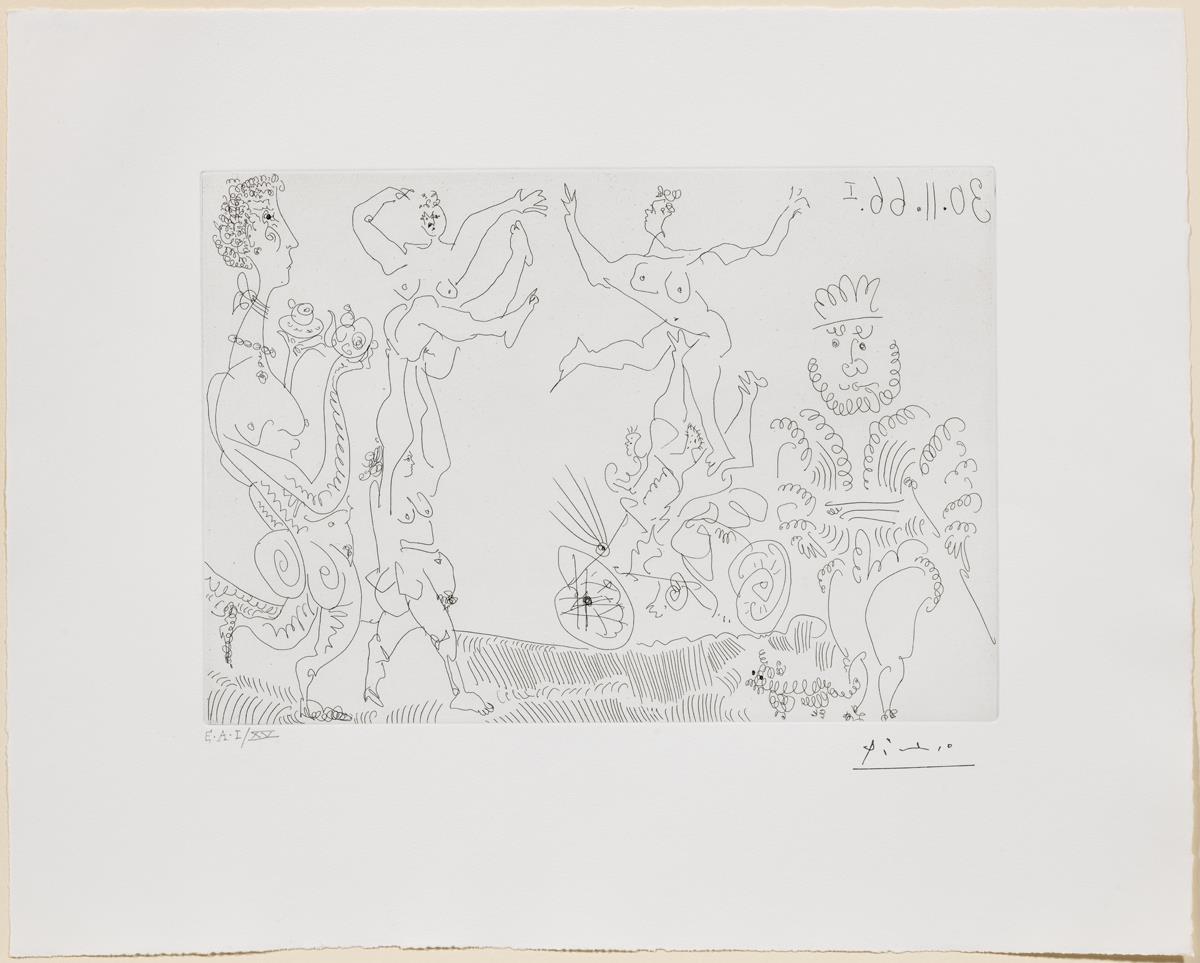 Acróbatas delante de un rey y su perrito esperando el té