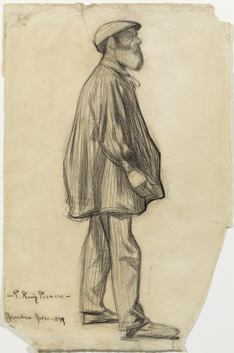 Hombre con barba, de pie y de perfil