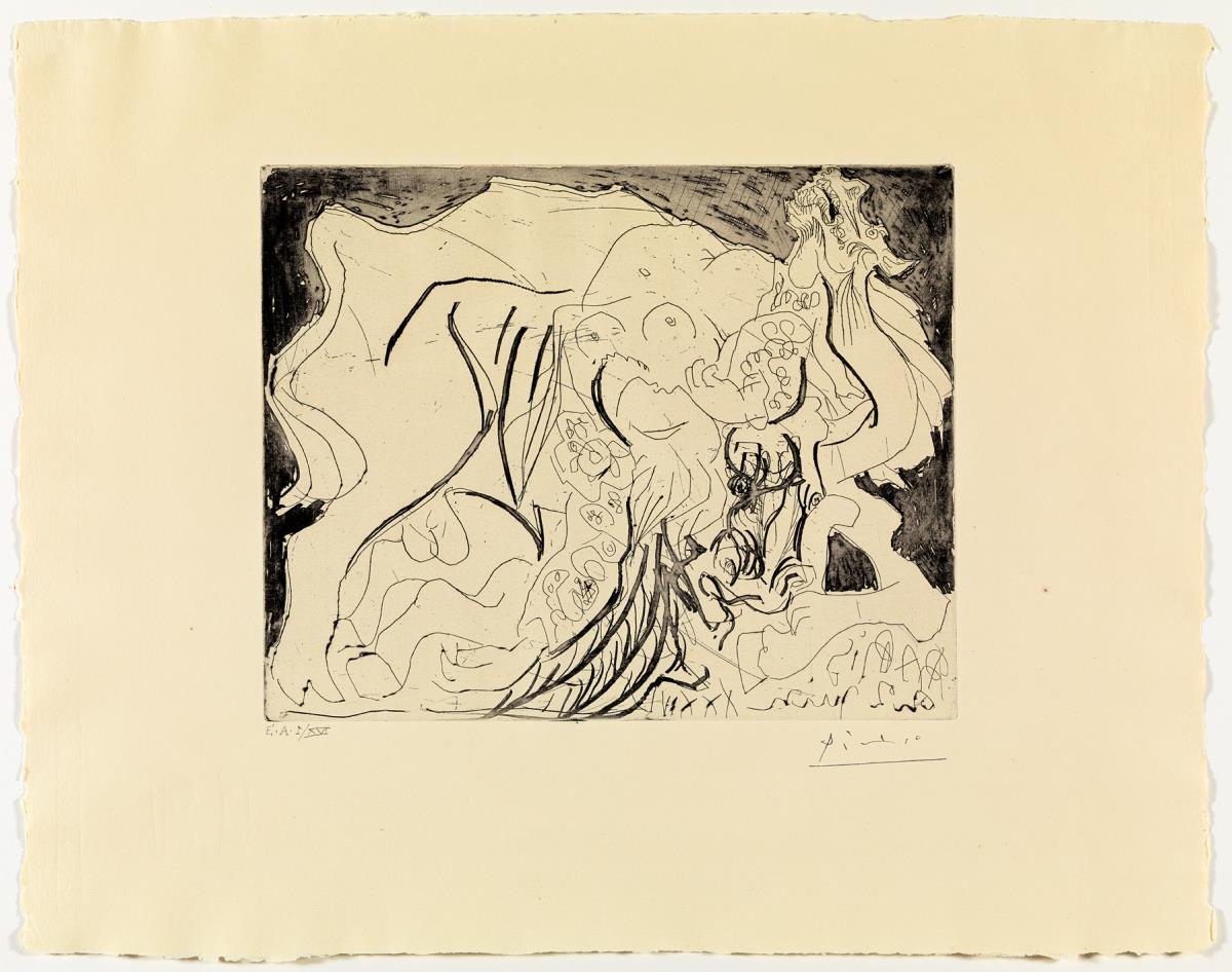 Mujer torero, caballo y toro agonizando. II