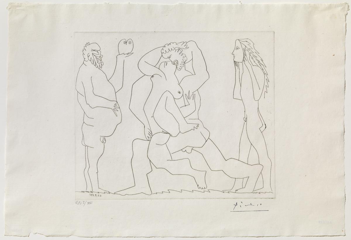 Bacanal con búho y joven enmascarado