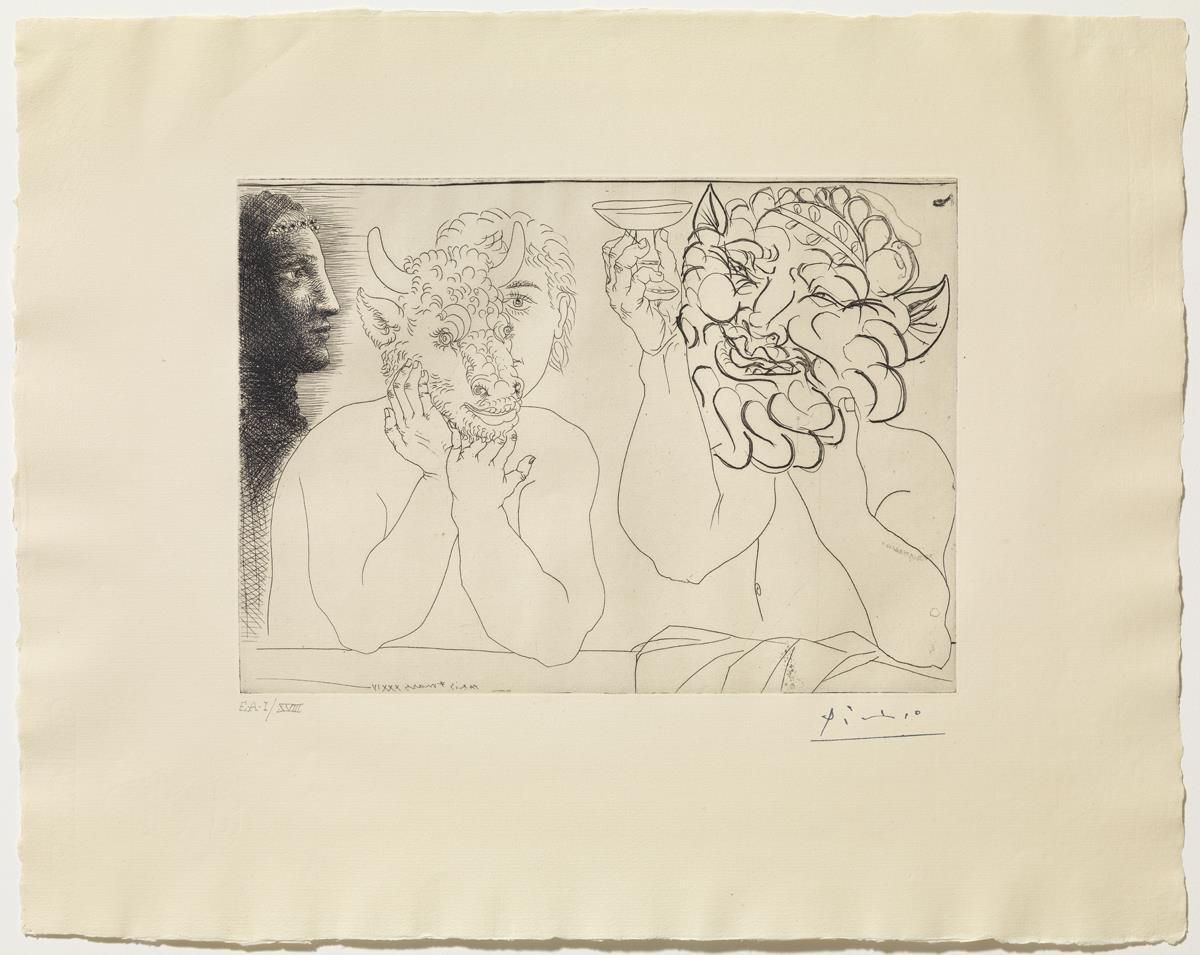 Profile of Marie-Thérèse. Young Man with Minotaur Mask and Old Bearded Man with Donkey's Ears