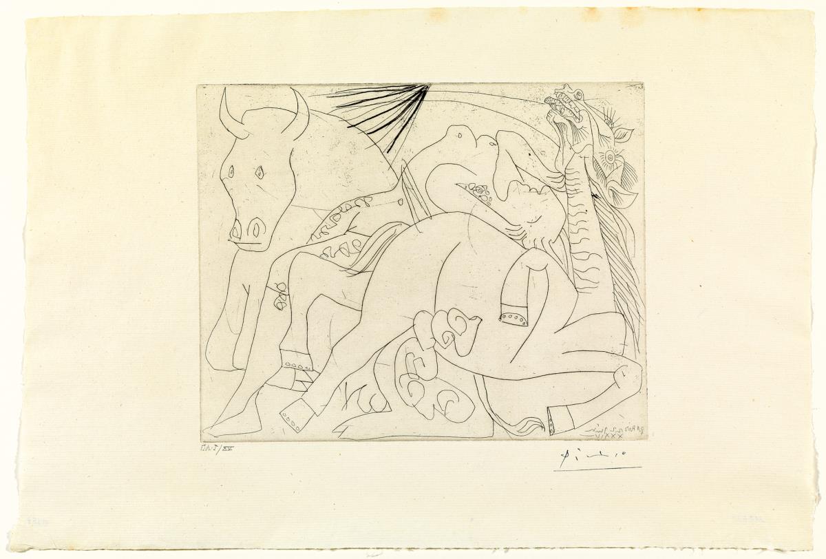 Mujer torero, caballo y toro agonizando. I