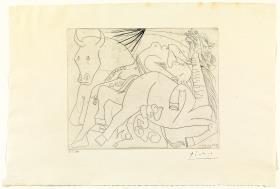 Mujer torero, caballo y toro agonizando. I