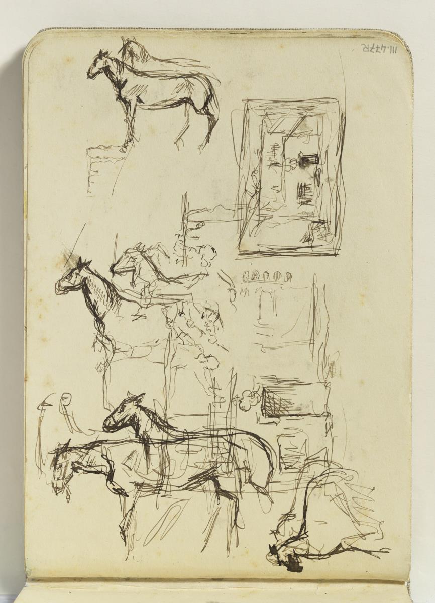 Estudi de cavalls, façanes i homes