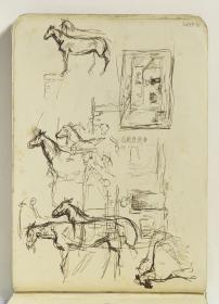 Estudio de caballos, fachadas y hombres