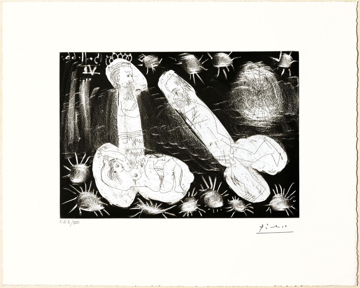 A la luz de las candilejas: mujer joven y dos falos barbudos