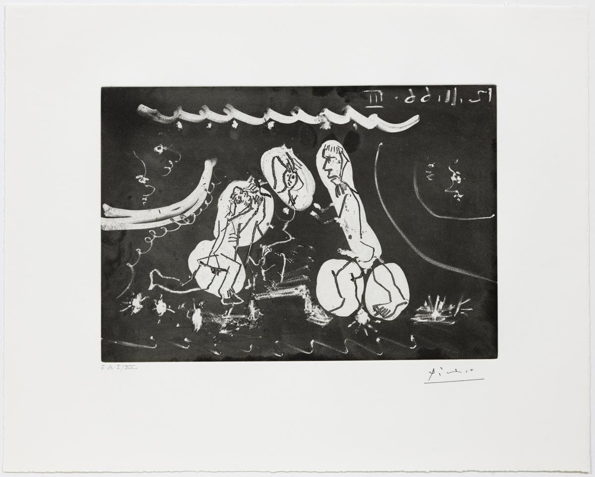 Con luz de candilejas: mujer desnuda entre dos hombres