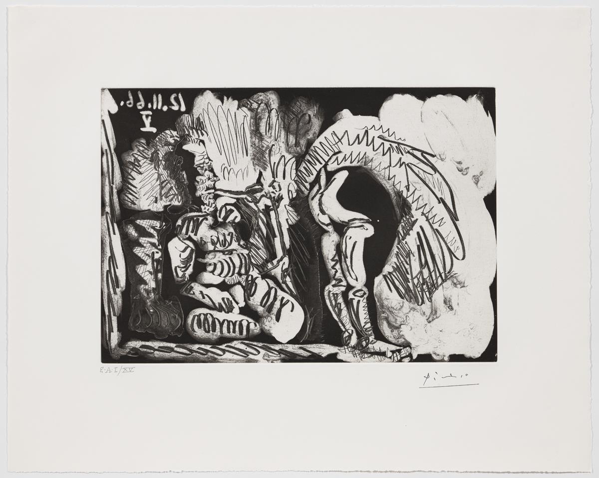 Fumador de pipa, y mujer remangándose las enaguas