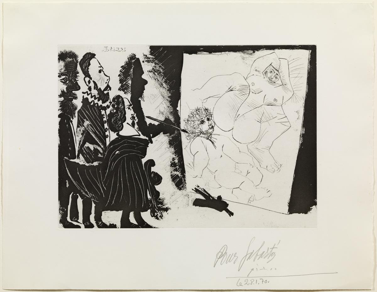 Señor con su séquito de visita en el taller del viejo pintor