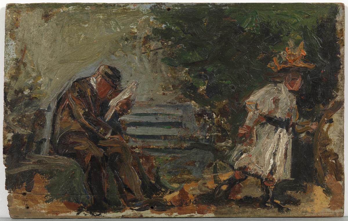 Hombre y niña en un jardín