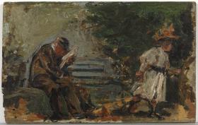 Hombre y niña en un jardín