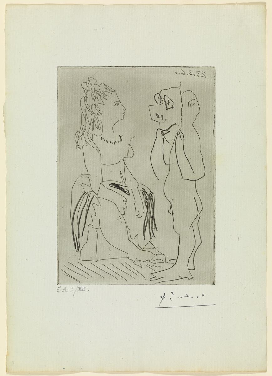 Mujer sentada y hombre desnudo guarnecido con una máscara carnavalesca