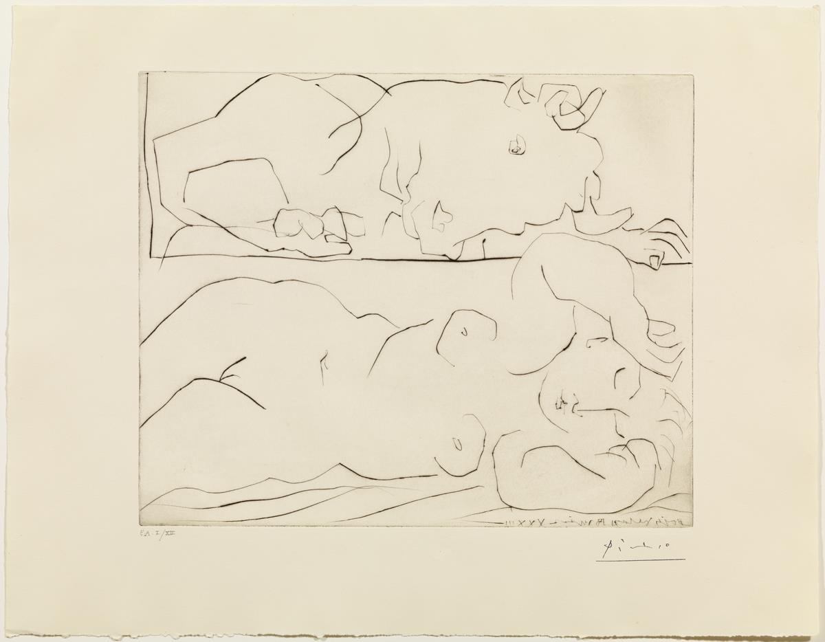Minotauro contemplando amorosamente a una mujer dormida
