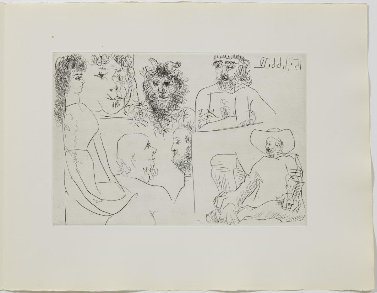 Woman, Faun, and Bearded Men, Looking at Paintings