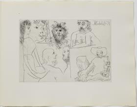 Woman, Faun, and Bearded Men, Looking at Paintings