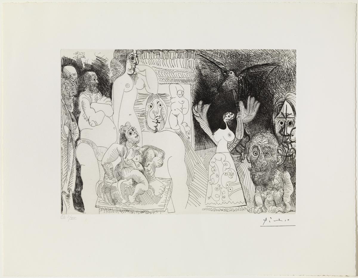 Autorretrato desdoblado, maja con paloma, mozo de cuerda con mujer y escultura, forzudo de feria envejecido, padre del artista, y bañista ingresca al fondo