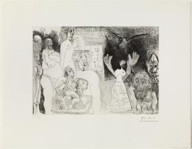Split Self-Portrait, "Maja" and Dove, Removals Man with Woman and Sculpture, Ageing Fairground Hercules, the Artist's Father, and Ingresque Bather in the Background