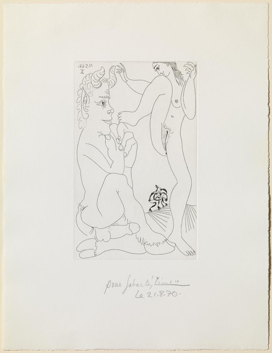 Fauno y bacante, con combate de faunos al fondo