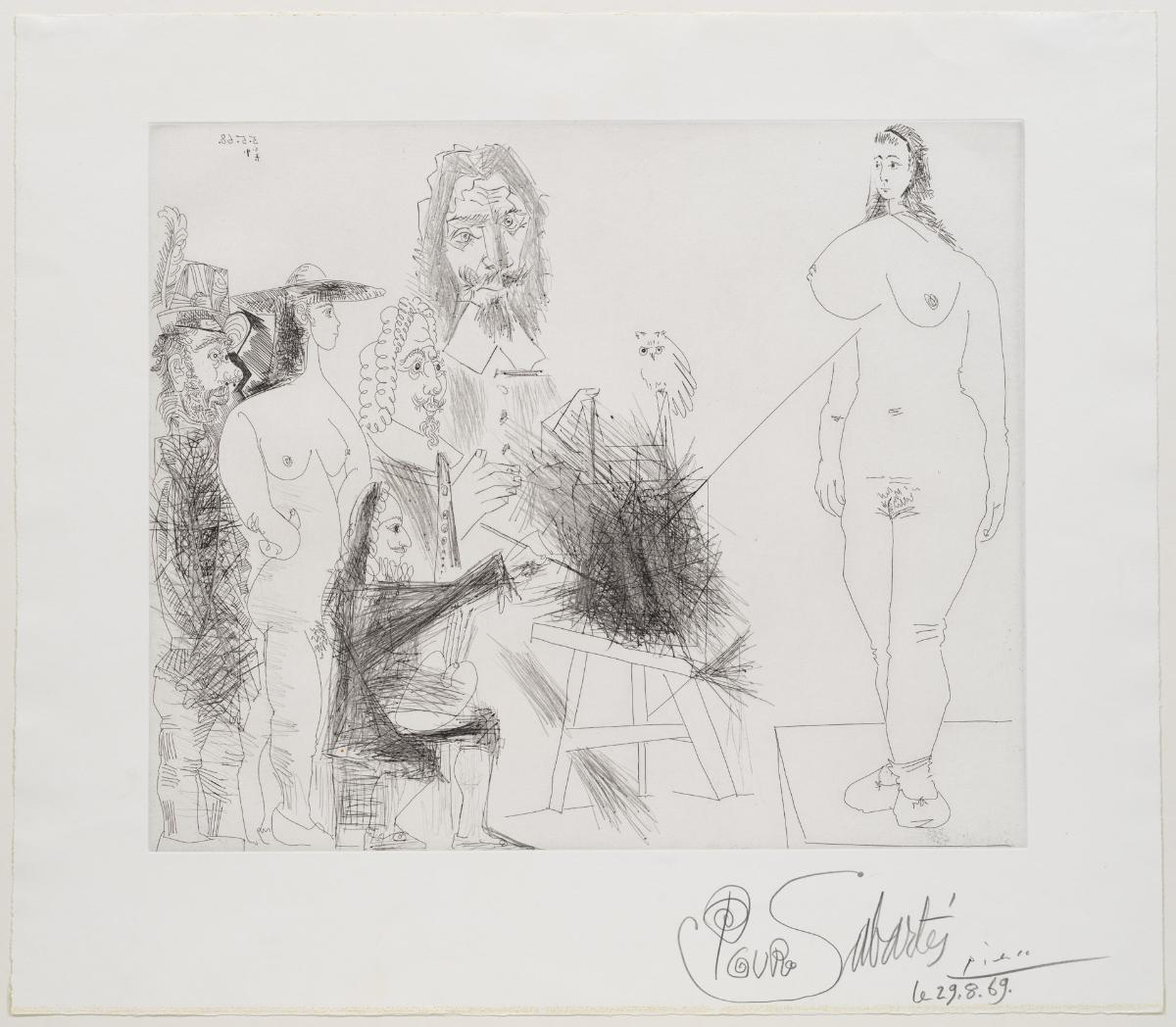 Escena de "L'obra mestra desconeguda" de Balzac: pintor, model, parella i dos pintors