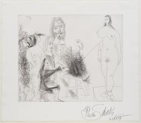 Escena de "L'obra mestra desconeguda" de Balzac: pintor, model, parella i dos pintors