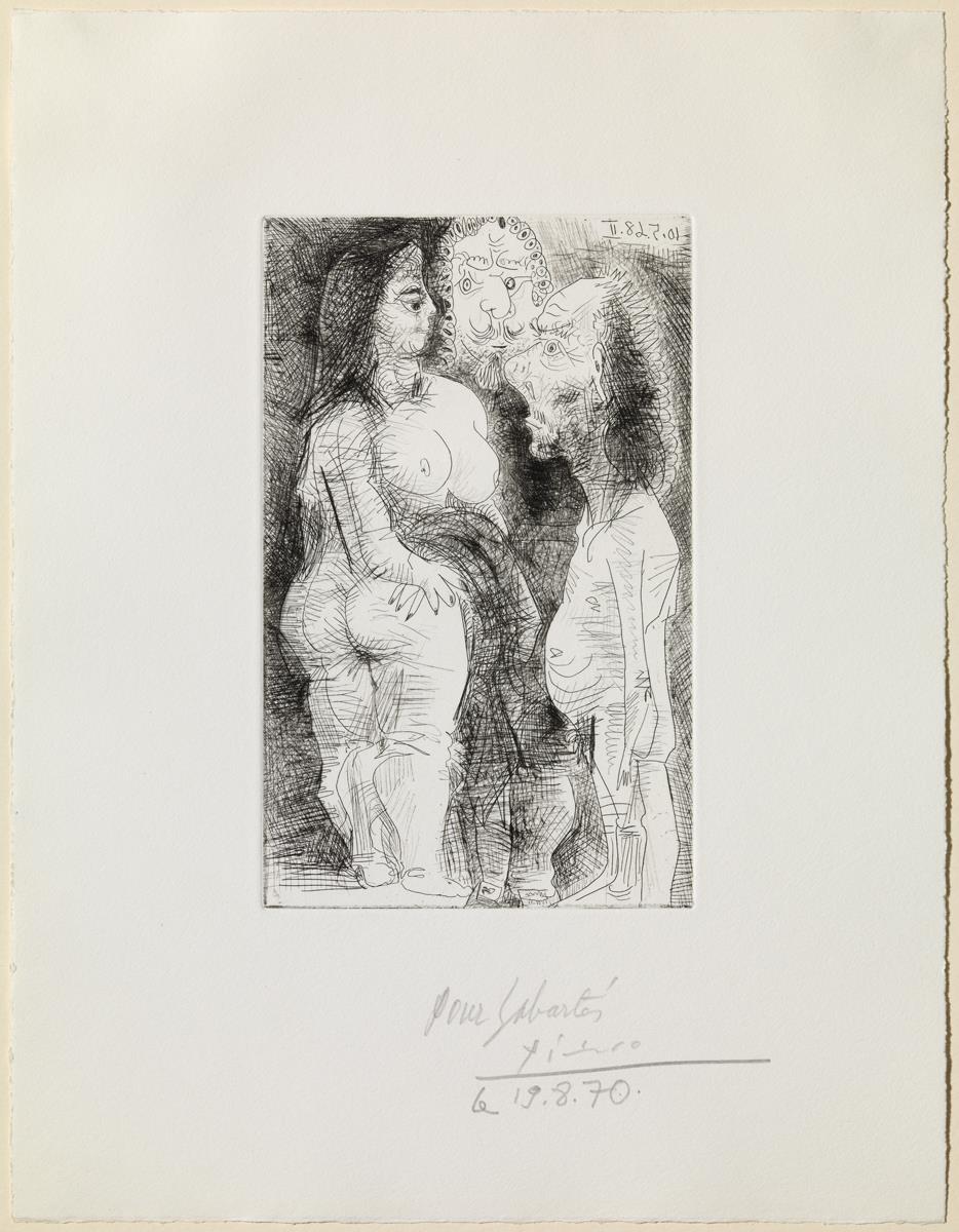 Meretriz gorda con un viejo y un espectador disfrazado