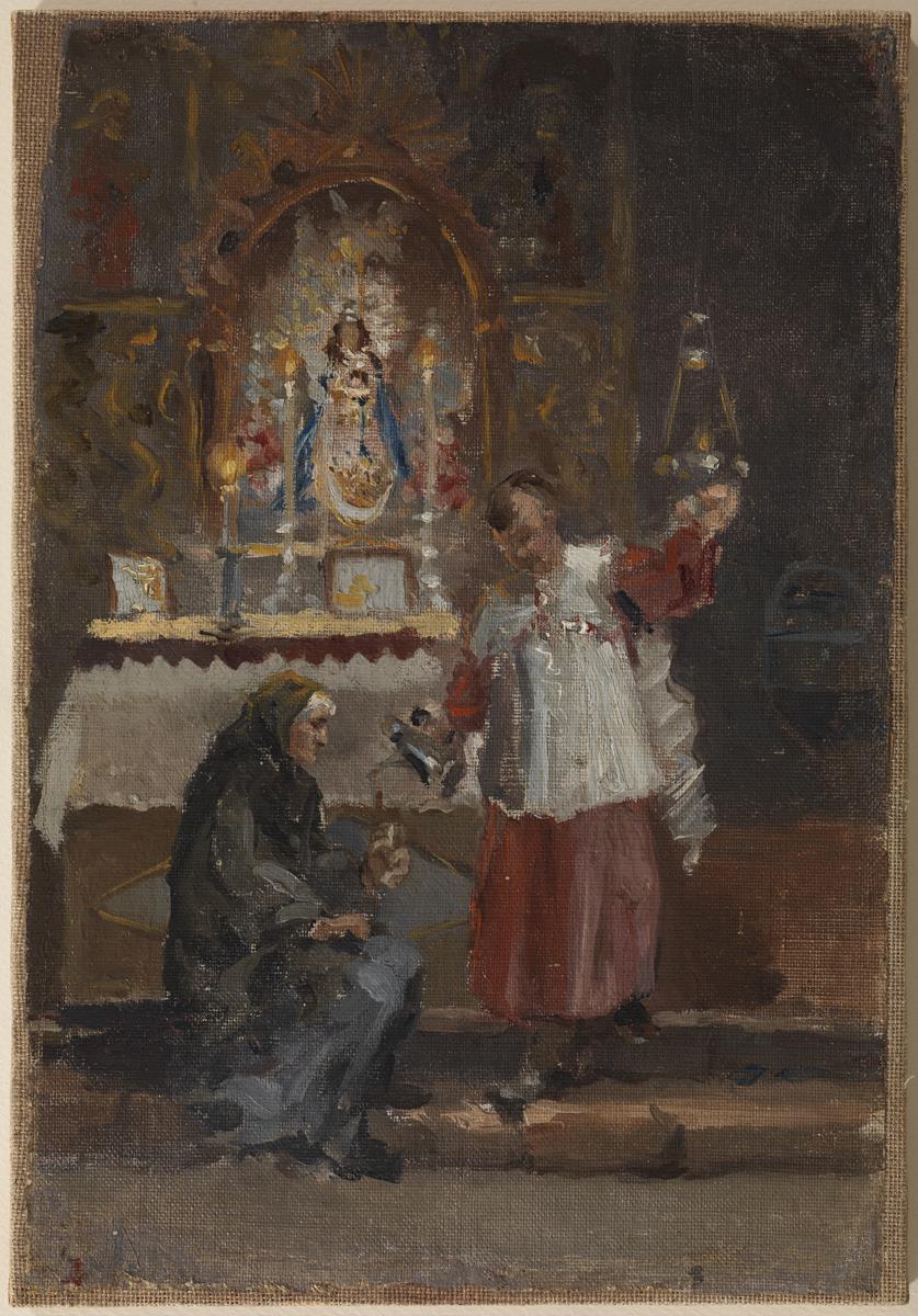 Monaguillo dando óleo a una vieja