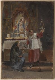 Monaguillo dando óleo a una vieja