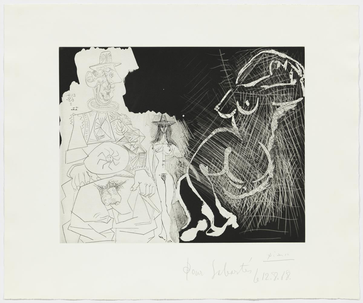 Caricatura del general De Gaulle, y dos mujeres