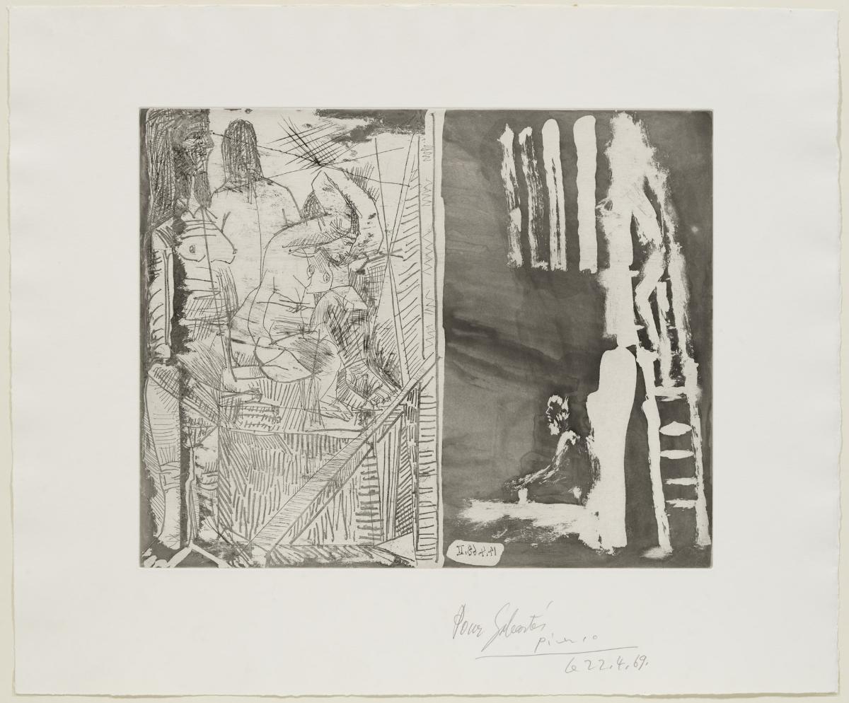 Pintor pensant en una gran tela que representa tres dones