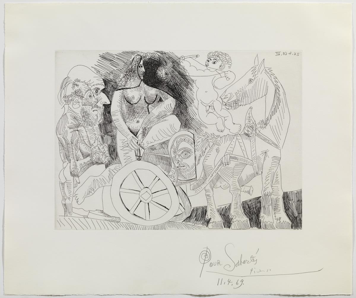 Carro romà conduït per una atleta, amb Cupido i vells