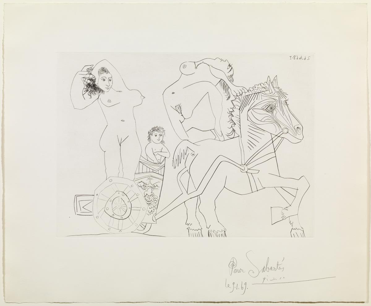 Mujer y niño en un carro romano, con una amazona acróbata