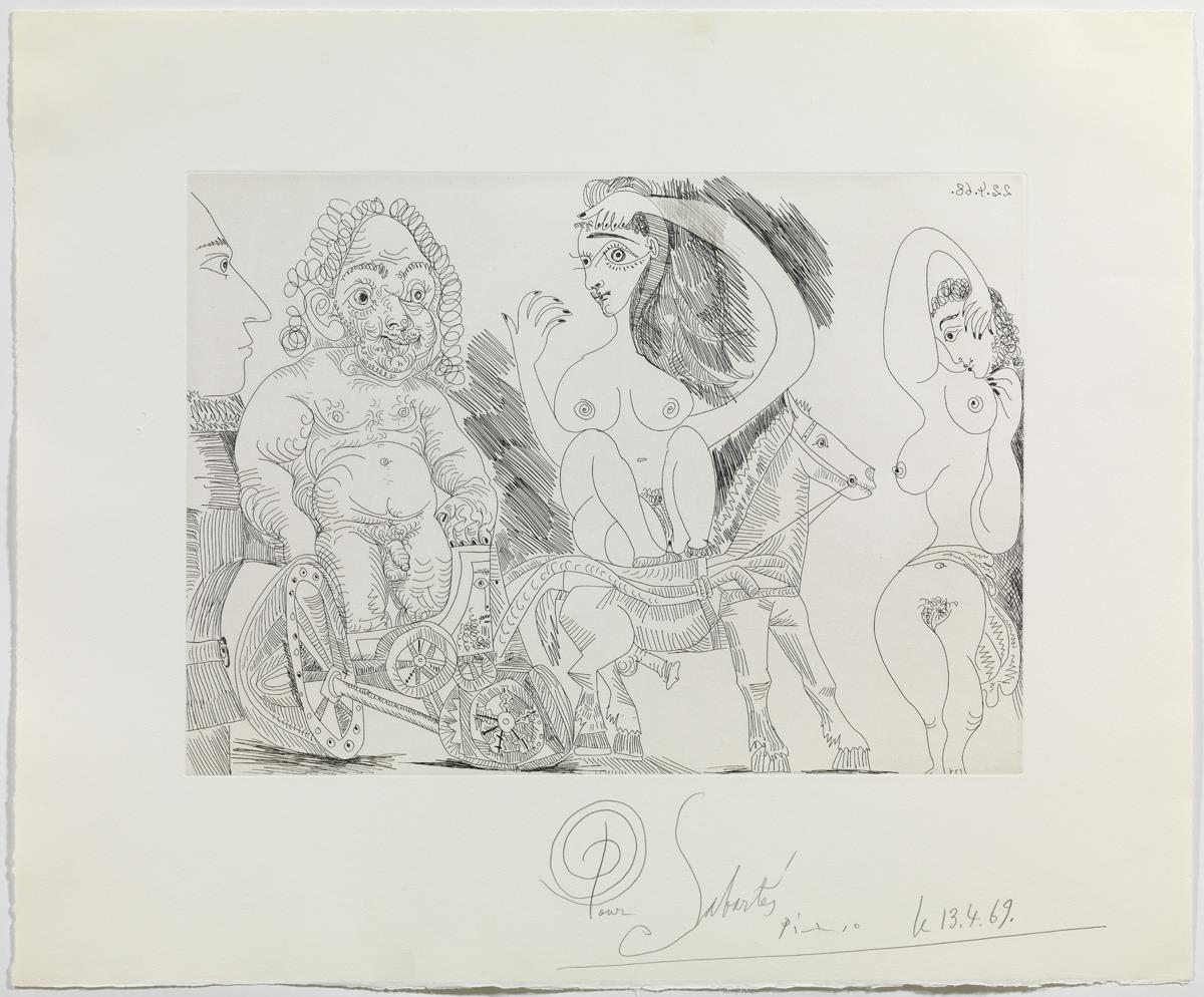 Carro romano con viejo atleta, amazona, odalisca y espectador