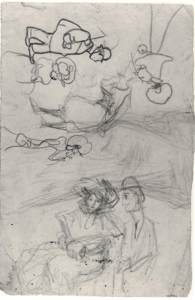 Bailarina saludando, pareja sentada i caricaturas